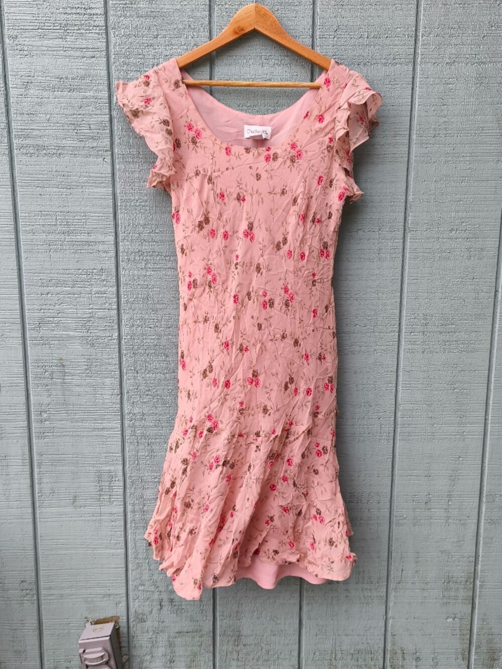 y2k 90s Chadwicks 100% Silk Floral Flutter Sleeve Midi Dress sz S/M Pink